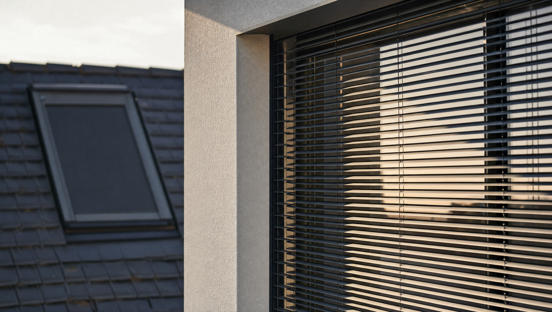 Außenliegende Raffstore-Anlage mit schmalen Aluminium-Lamellen an moderner Fassade