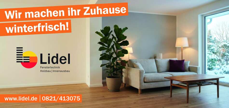 Modernes Wohnzimmer mit winterlichem Blick in den Garten – Lidel Winteraktion