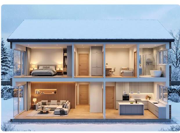 Illustration eines Hauses im Schnee mit Querschnitt-Ansicht aller Innenräume
